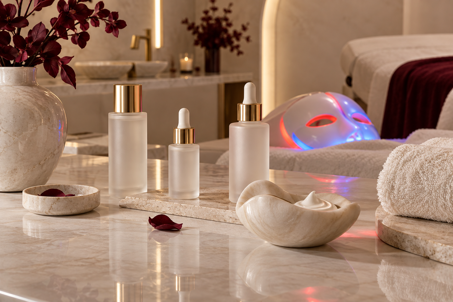 Luxury skincare products and LED facial equipment in an elegant clinic